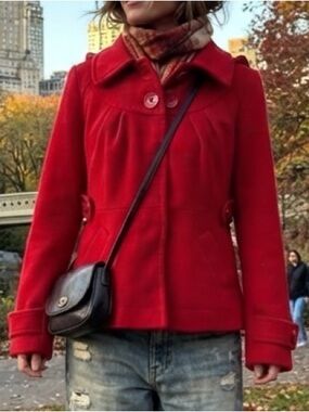 Tulle Red Hooded Pleated Retro Button Pea Coat Jacket L Y2K Girlhoodcore